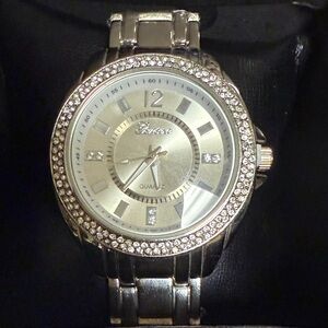 Geneva Silver Watch with Crystal Detailing